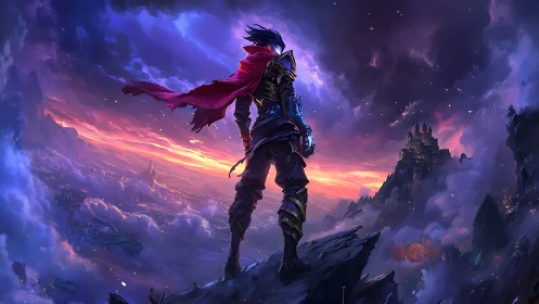 Lone fantasy warrior quietly surveys the stormlit kingdom