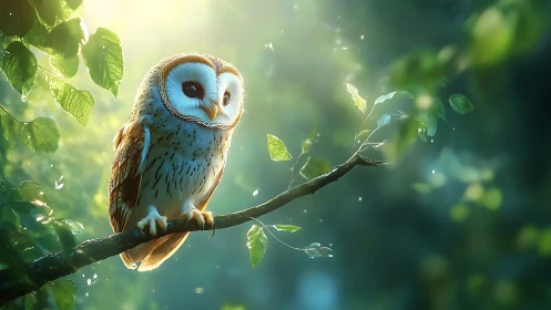 Whimsical Owl Perched on Forest Branch in Soft Morning Light.