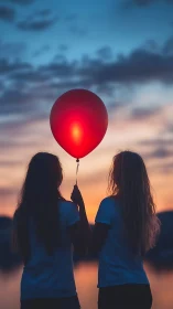Two figures holding illuminated red balloon against twilight sky