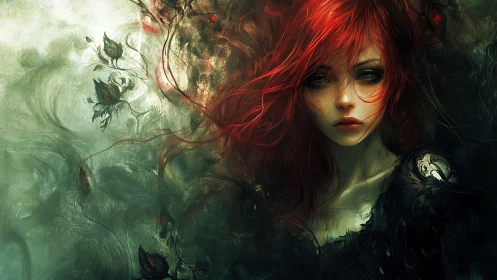 Melancholic red haired girl amid swirling dark foliage.