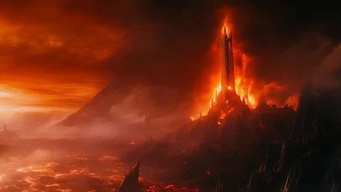 Mount Doom Engulfed: Dark Tower Burning in Fiery Apocalypse.
