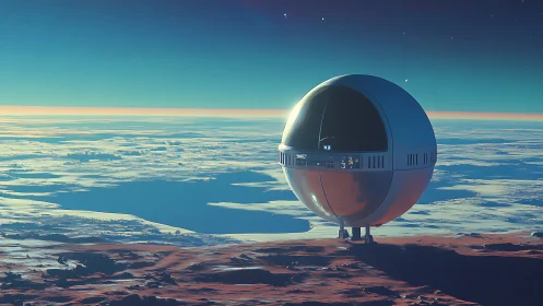 Spherical observation pod hovers above frozen alien seascape