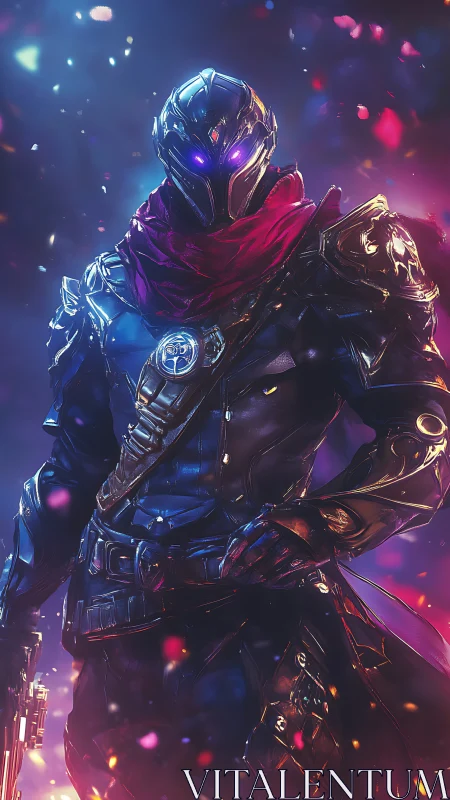 Armored sci fi warrior with glowing visor and scarf.