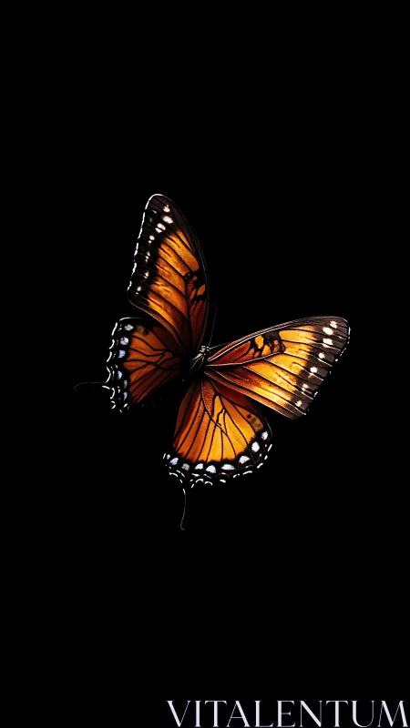 Solitary ember-winged butterfly carves light from darkness
