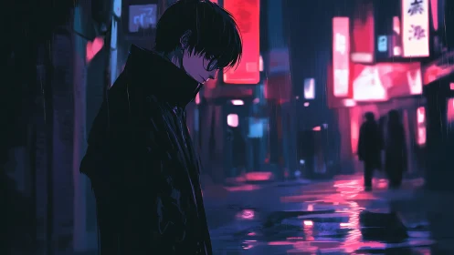 Midnight city stroll under neon rainlit reflections.