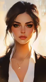 Quiet confidence in soft light with thoughtful green eyes.