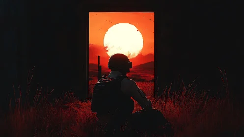Soldier silhouette watching large red sun at dusk.