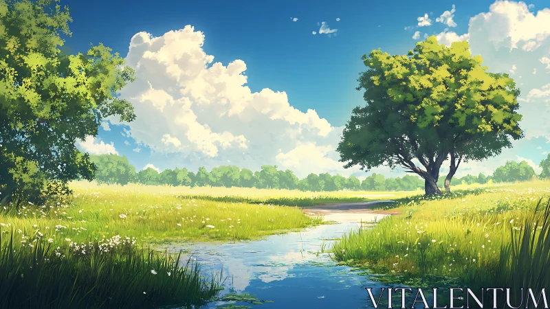 Tree-lined meadow with stream under scattered cumulus clouds.