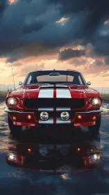 Stormlit red muscle car with bold racing stripes reflection.