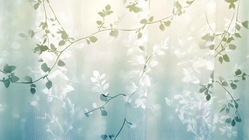 Soft vine silhouettes against pale blue curtain backdrop.