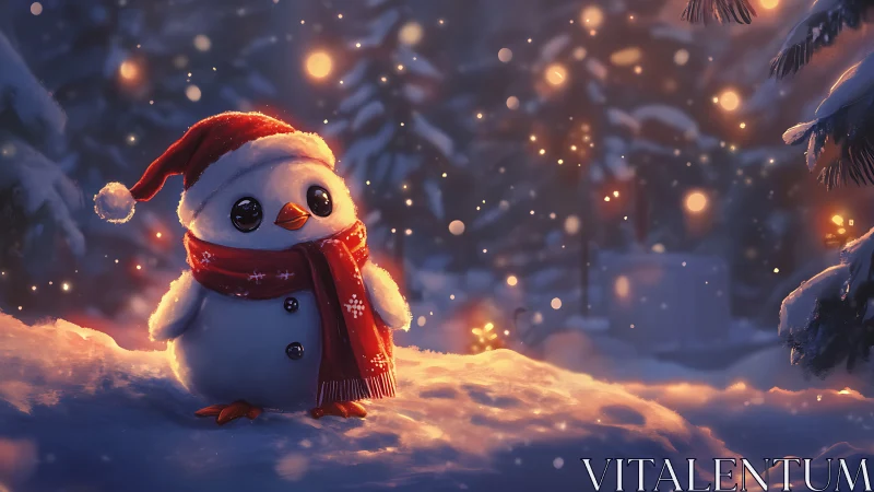 Cute snowman in red scarf under glowing winter lights.