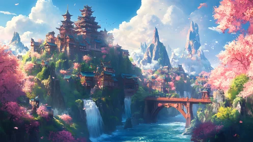 Vertical pagoda megastructure amid waterfalls and sakura bloom.