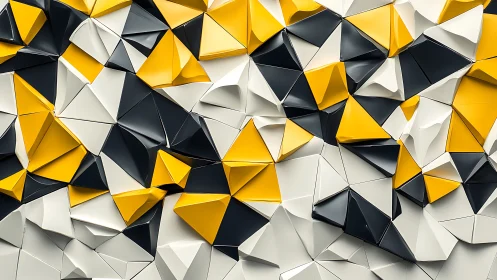 Geometric yellow black white 3D folded polygon wall art.