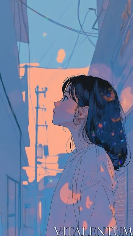 Twilight alley portrait of reflective girl in soft bokeh glow.