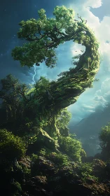 Ancient spiral tree towers over stormlit fantasy valley.