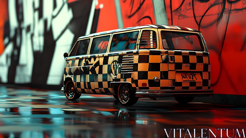 Checkerboard street-van cruises through neon graffiti glow.