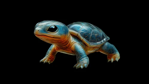 Colorful digital turtle illustration on black background.