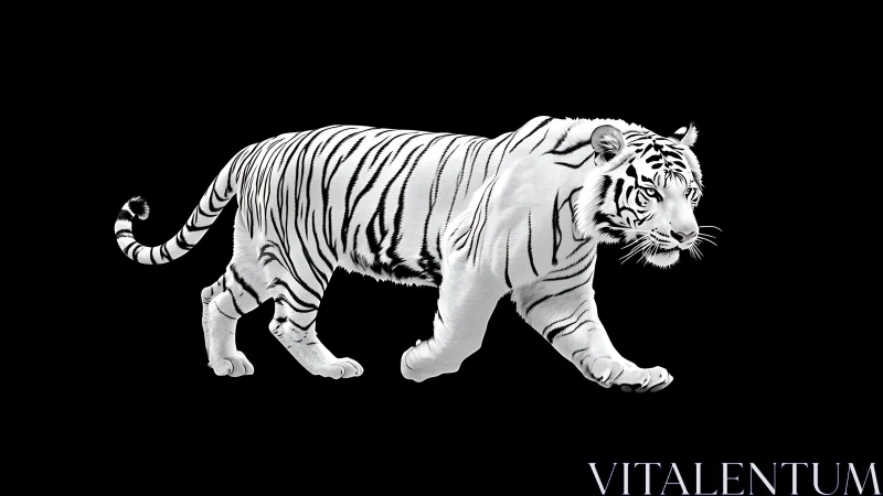White tiger stride on black ground in high contrast profile.