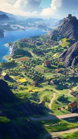 Mountainous Valley Settlement with Dramatic Cliffs.