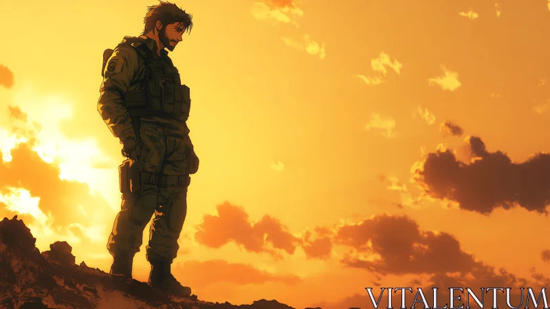 Solitary soldier on rocky ridge under orange sky at sunset.