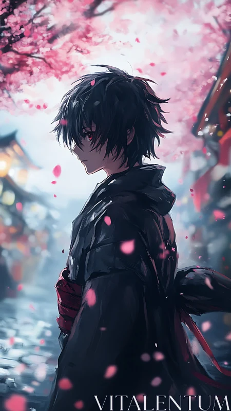 Midnight-eyed wanderer beneath storm of cherry petals.