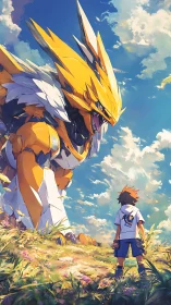 Anime key visual of boy and mecha beast under summer sky.
