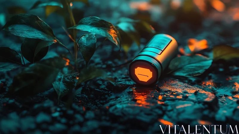 Metal flashlight on wet forest ground with foliage.