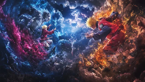 Storm-lit clash of fiery warriors in a swirling skyscape.