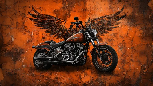 Flaming orange cruiser motorcycle surges against grunge wings