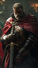 Battle-scarred knight grips sword beneath heavy crimson cloak