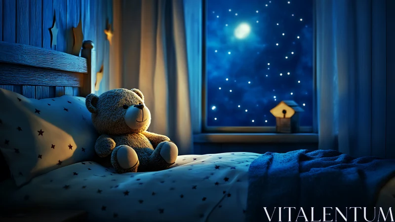 Teddy bear sits on child’s bed under moonlit night sky