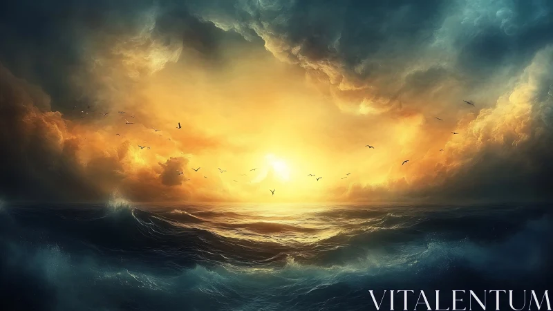 Fiery ocean horizon ignites beneath storm-split sky at dawn.