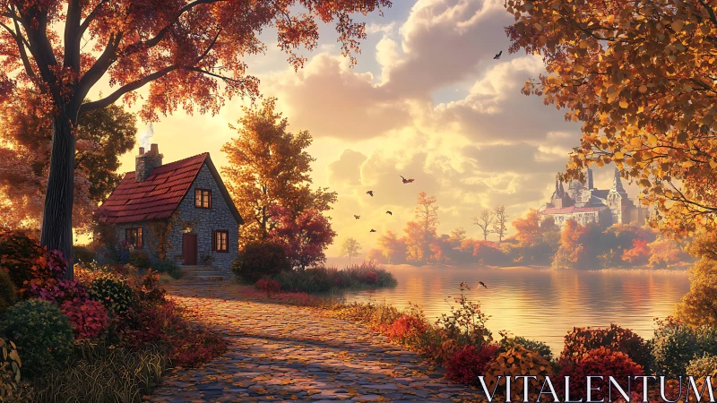 Lakeside stone cottage and distant castle in autumn light.