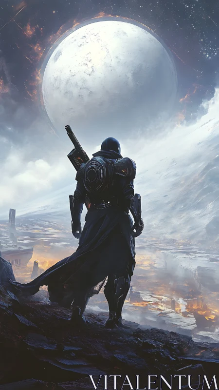 Lone armored wanderer facing vast burning alien world.