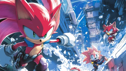 Crimson hedgehog heroes dive through shattered sky city.