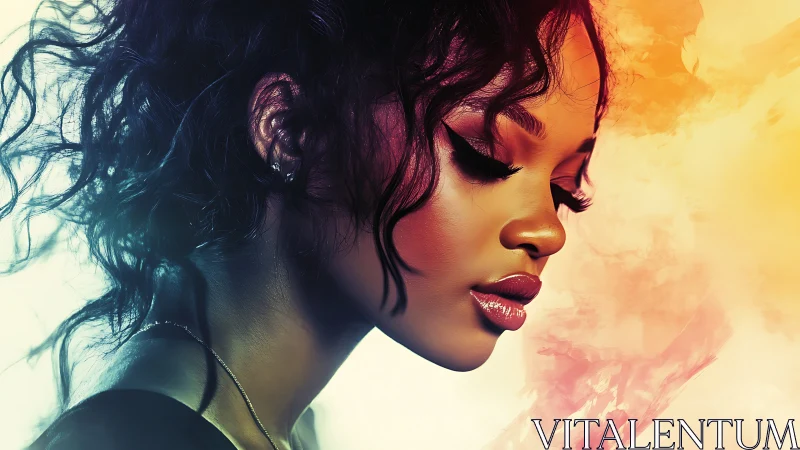 Luminous side-profile portrait in neon sunset hues.