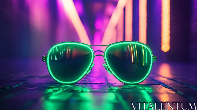 Neon aviator sunglasses under vivid cyberpunk tunnel glow.