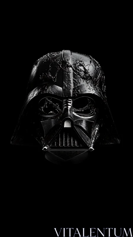 Damaged black sci‑fi helmet isolated on dark background.