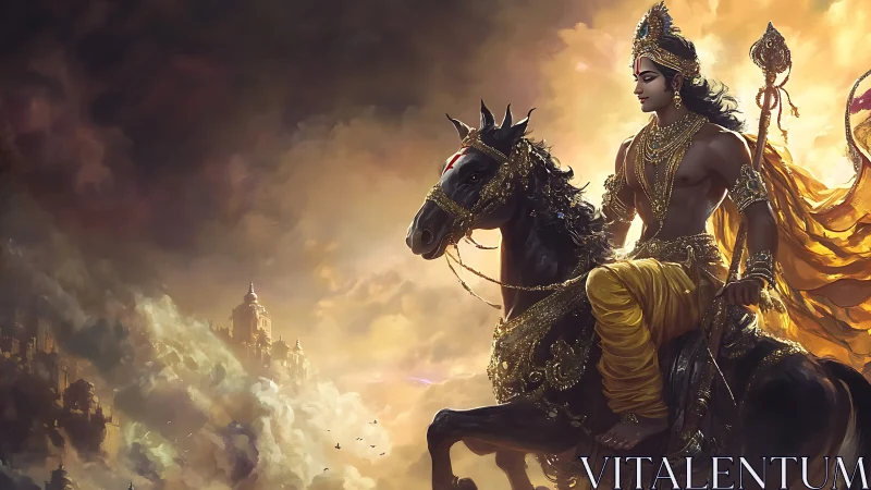 Ornate warrior on black stallion crosses storm-lit mythic skyline