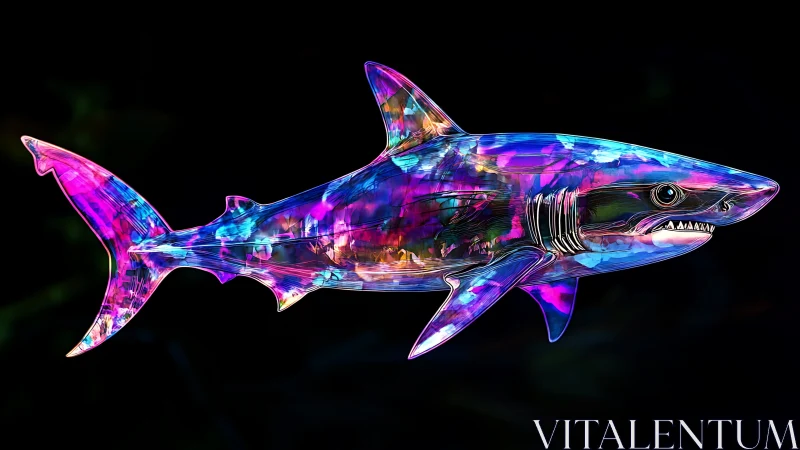 Prismatic glasslike shark with neon refractions on black.
