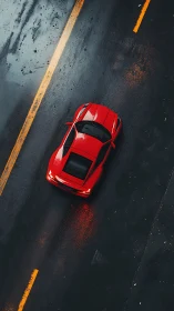 Scarlet coupe gliding down a rain-slick midnight ribbon.