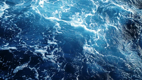 Surface detail of ocean water with foam and wave texture.