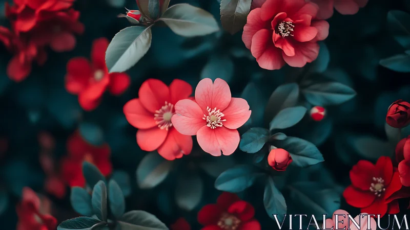 Coral Blossoms Dance Through Emerald Shadows and Moody Blue Depths