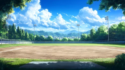 Baseball field is depicted with distant town and mountains