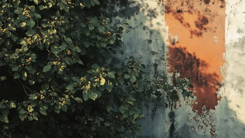 Sunlit foliage softens a weathered concrete wall&rsquo;s decay
