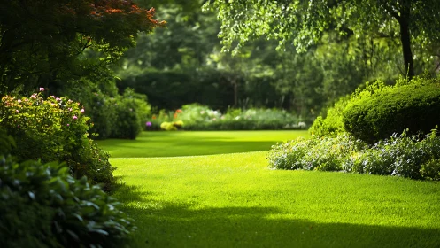 Sunlit formal lawn with manicured borders and layered foliage depth