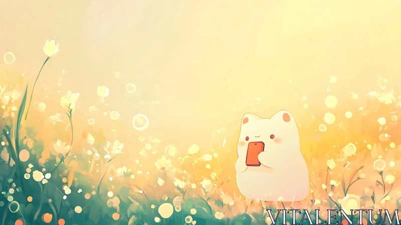 Cute digital character studies phone amid glowing meadow light