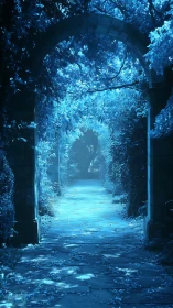 Blue stone garden archway framing a shaded pathway.