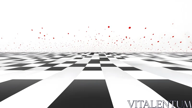 Abstract checkered floor with floating red dots in minimalistic style.