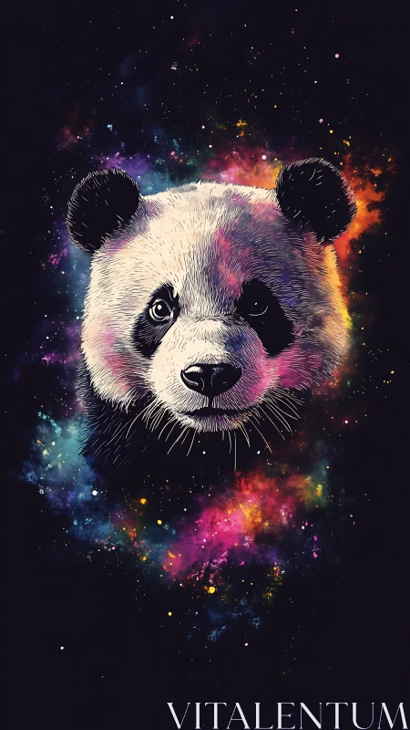 Panda portrait within multicolored cosmic nebula field.